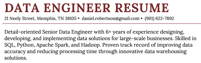 An example of a data engineer resume summary written by a candidate with over six years of experience.