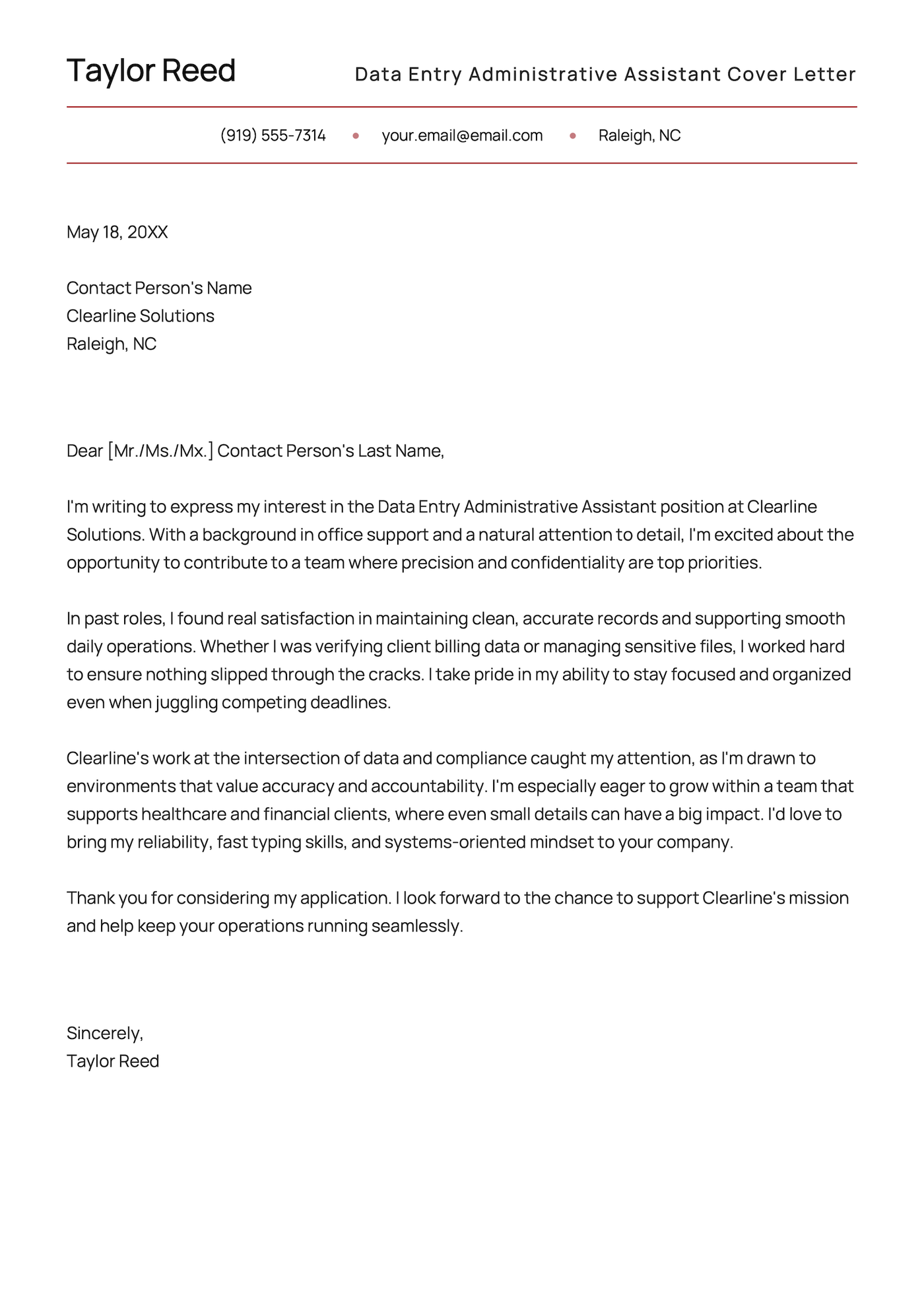 A cover letter example for a data entry admin assistant.