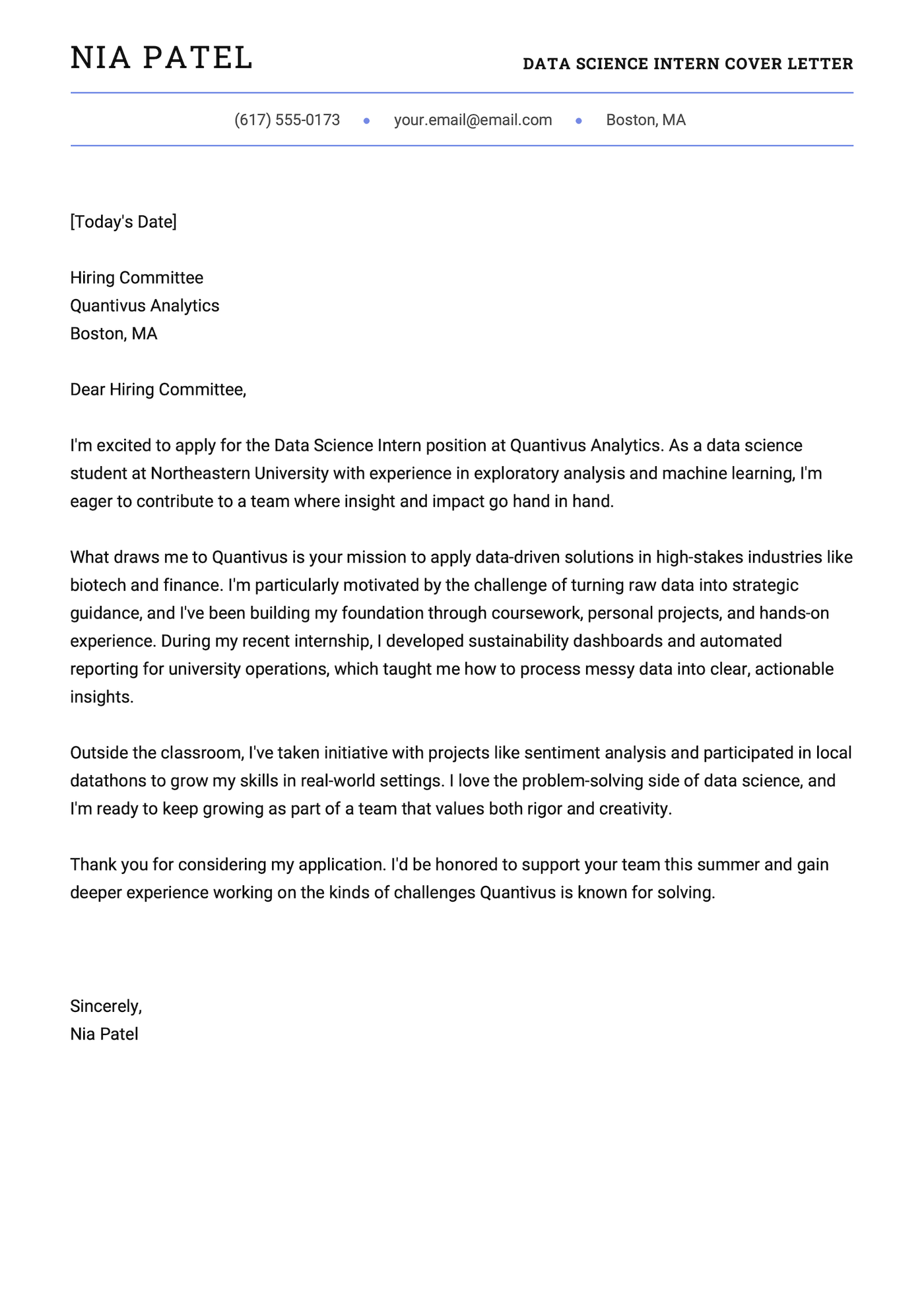 A cover letter example for a data science internship.