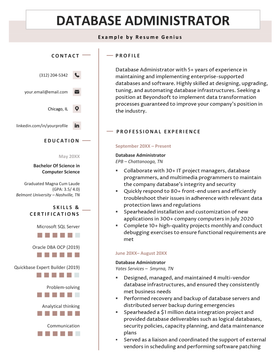 a database administrator resume sample