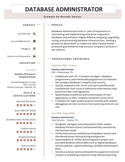 a database administrator resume sample