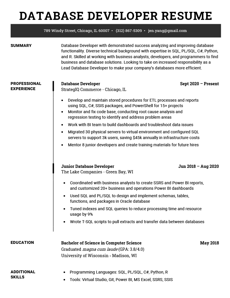 A database developer resume sample with the applicant's contact information in a black bar under the resume title, followed by sections for the applicant's resume summary, professional experience, education, and additional skills