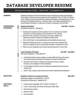 A database developer resume sample with the applicant's contact information in a black bar under the resume title, followed by sections for the applicant's resume summary, professional experience, education, and additional skills