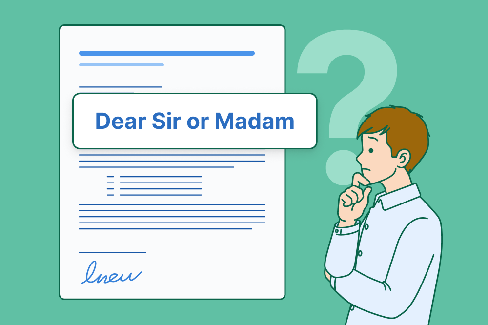 a woman looking thoughtfully at a picture of a cover letter with the text "dear sir or madam"