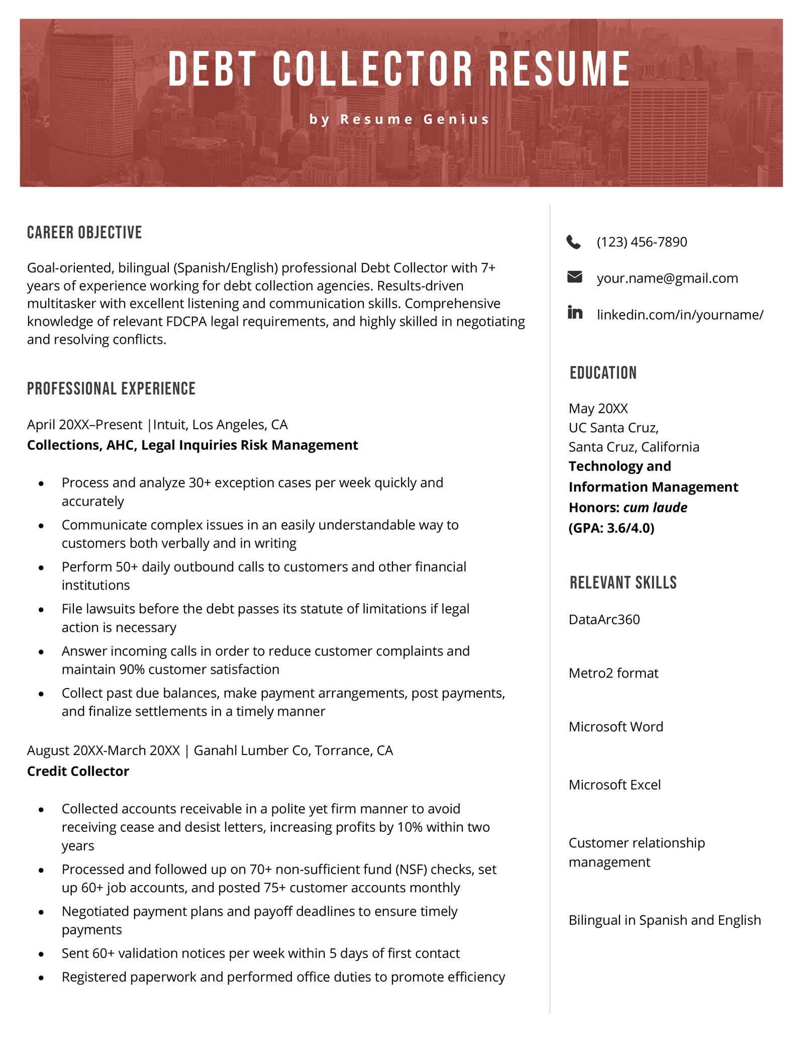 A debt collector resume example with a red header and a resume summary, work experience section, education section, and additional skills section