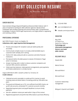 A debt collector resume example with a red header and a resume summary, work experience section, education section, and additional skills section