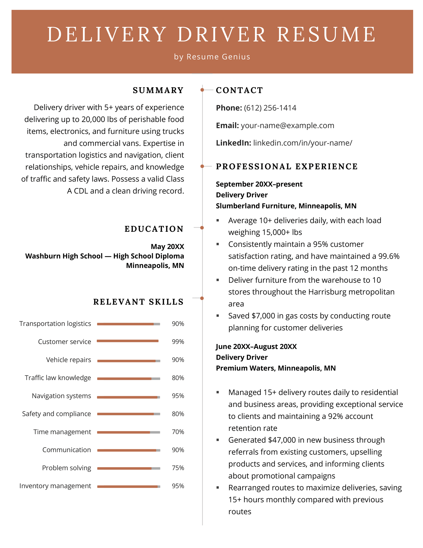 image of a delivery driver resume with a brown header