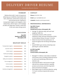 image of a delivery driver resume with a brown header