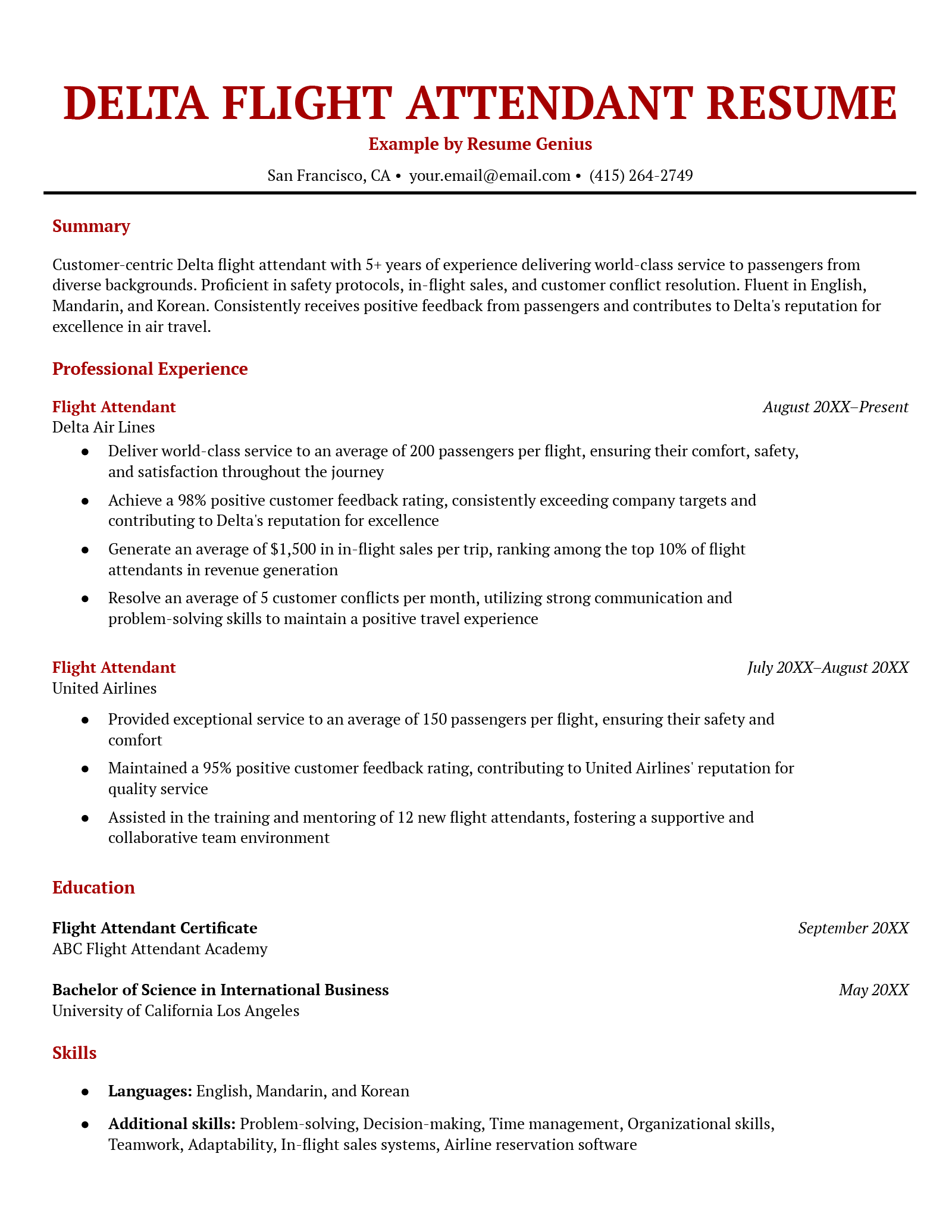 An example resume for a Delta Air Lines flight attendant. 