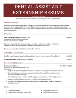 an example of a dental assistant externship resume with maroon highlights