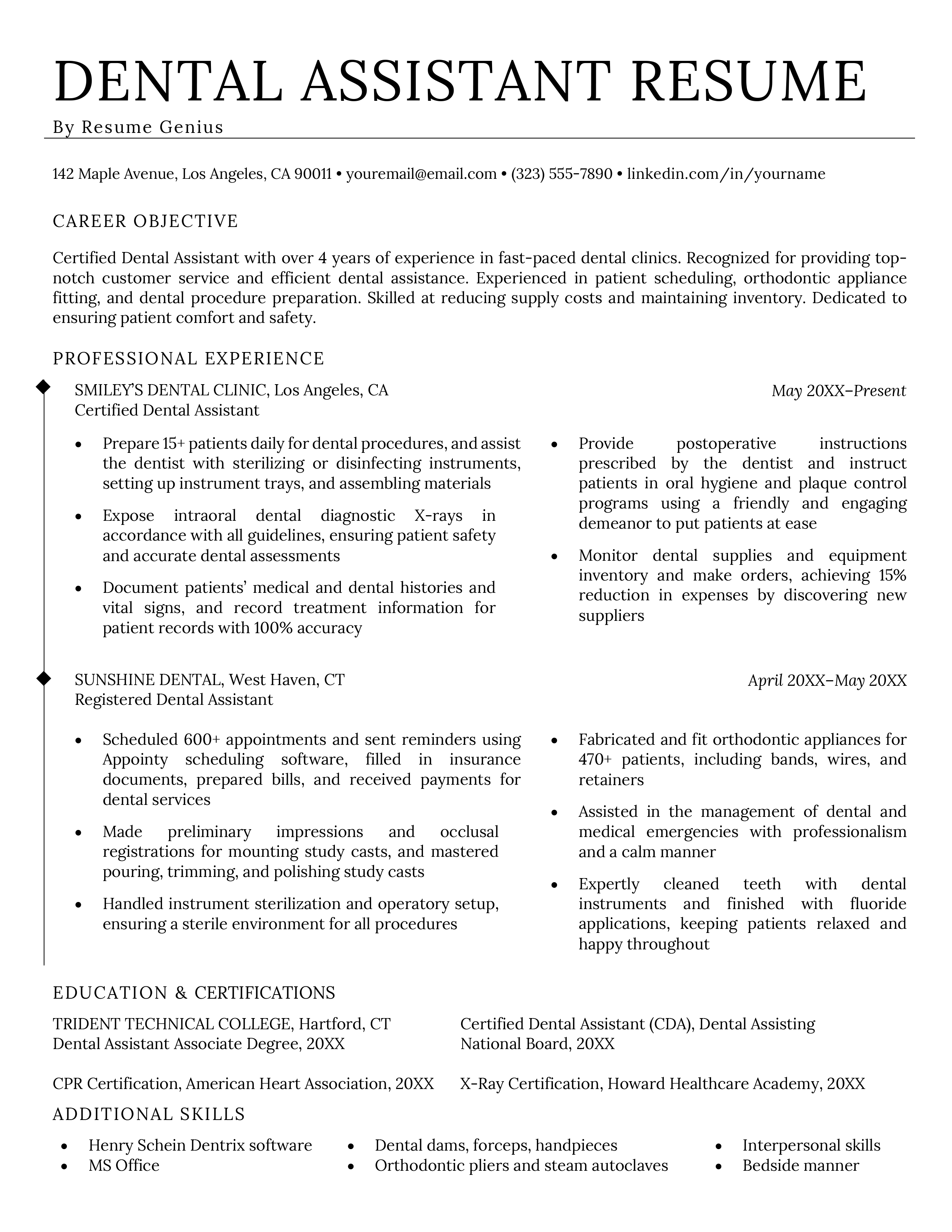 A dental assistant resume sample with sections for the applicant
