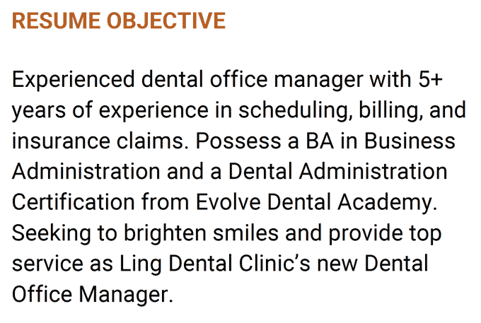 An example of a dental office manager resume objective with orange font for the header title