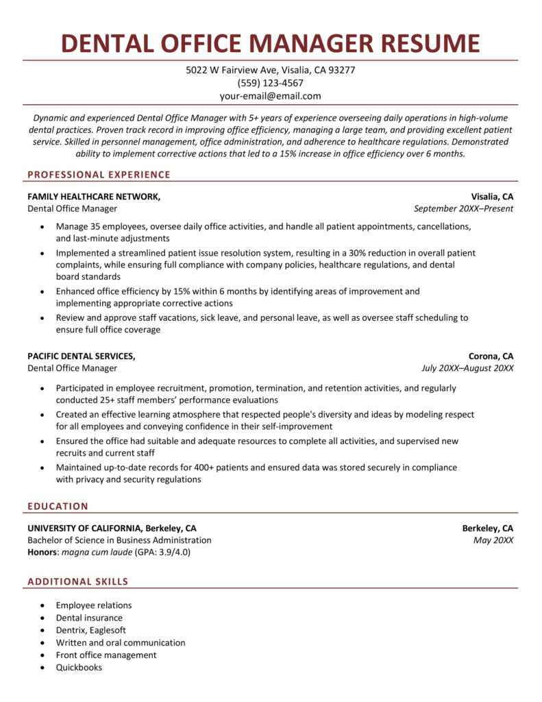 Resume for Dental Office Manager - Dental Officer Manager Resume Sample 791x1024