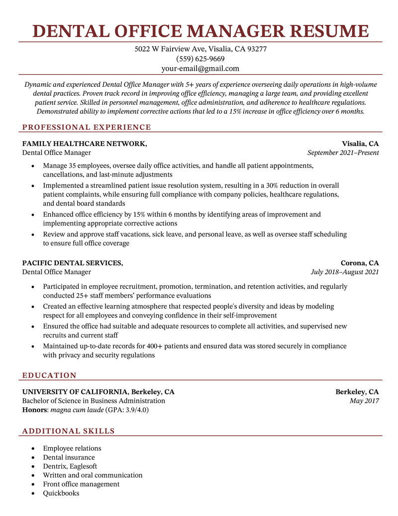 A dental officer manger resume sample on a template with red font for each header and a section for the resume objective, education, professional experience, and additional skills