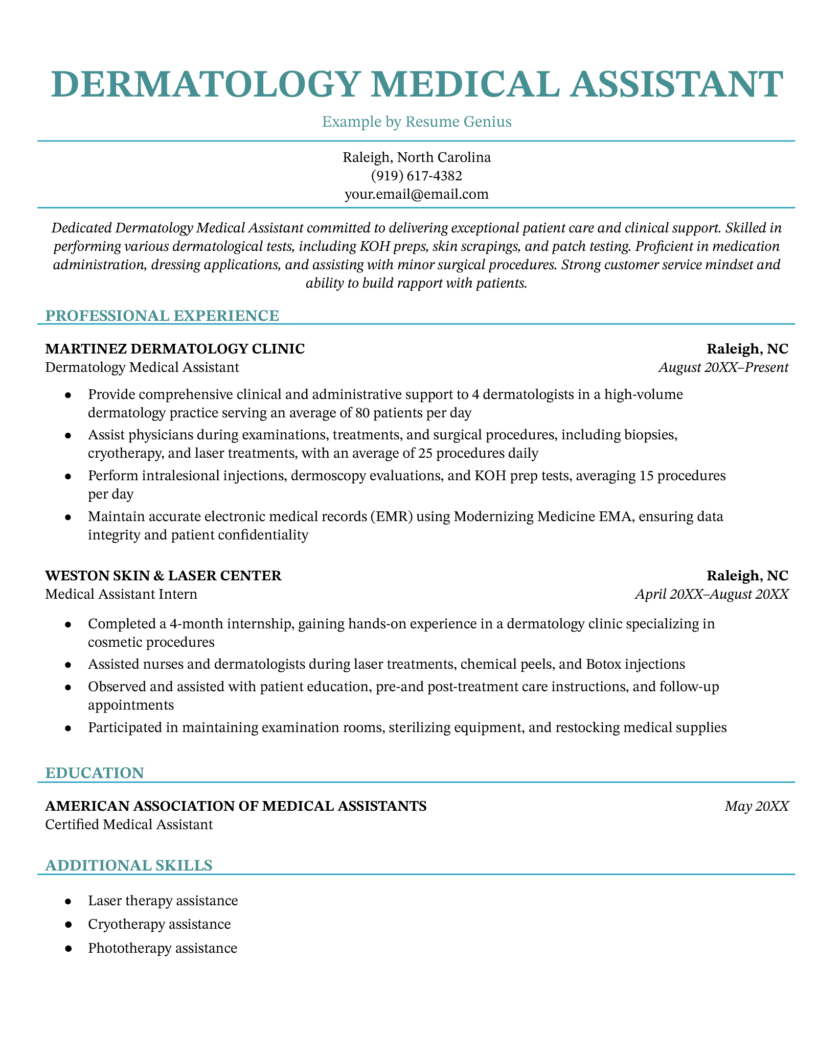 An example resume for a dermatology medical assistant.