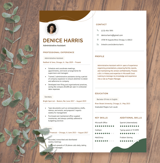 Our Two-Column resume design that features brown and green design features to add personality and flair to the template.