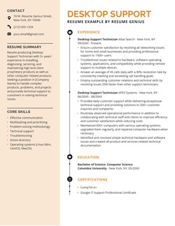 A desktop support resume example on a template with a large gray sidebar to highlight the applicant's name, contact details, resume objective, and educational background with professional experience and additional sections on the right side of the page
