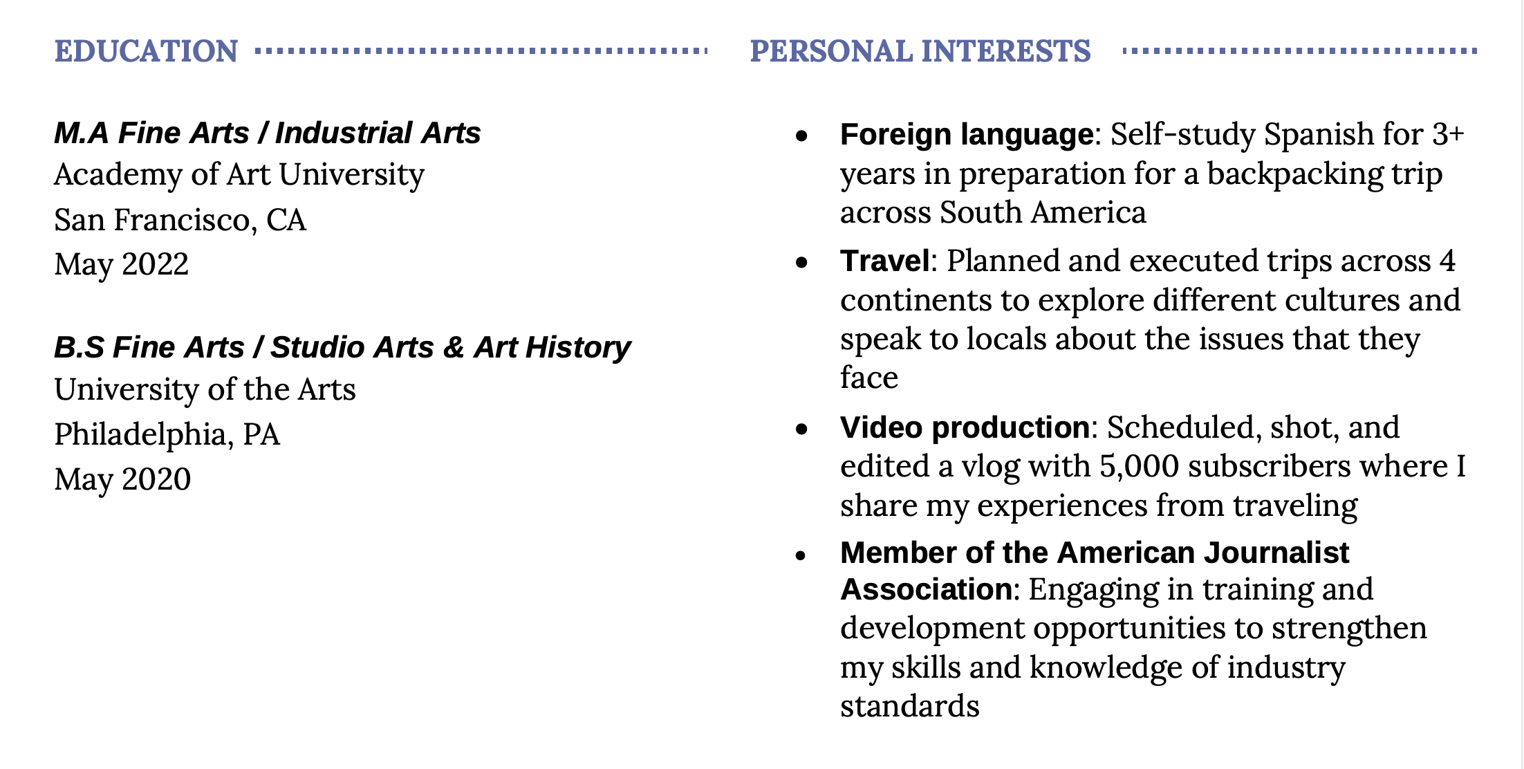 A detailed list of interests on a resume