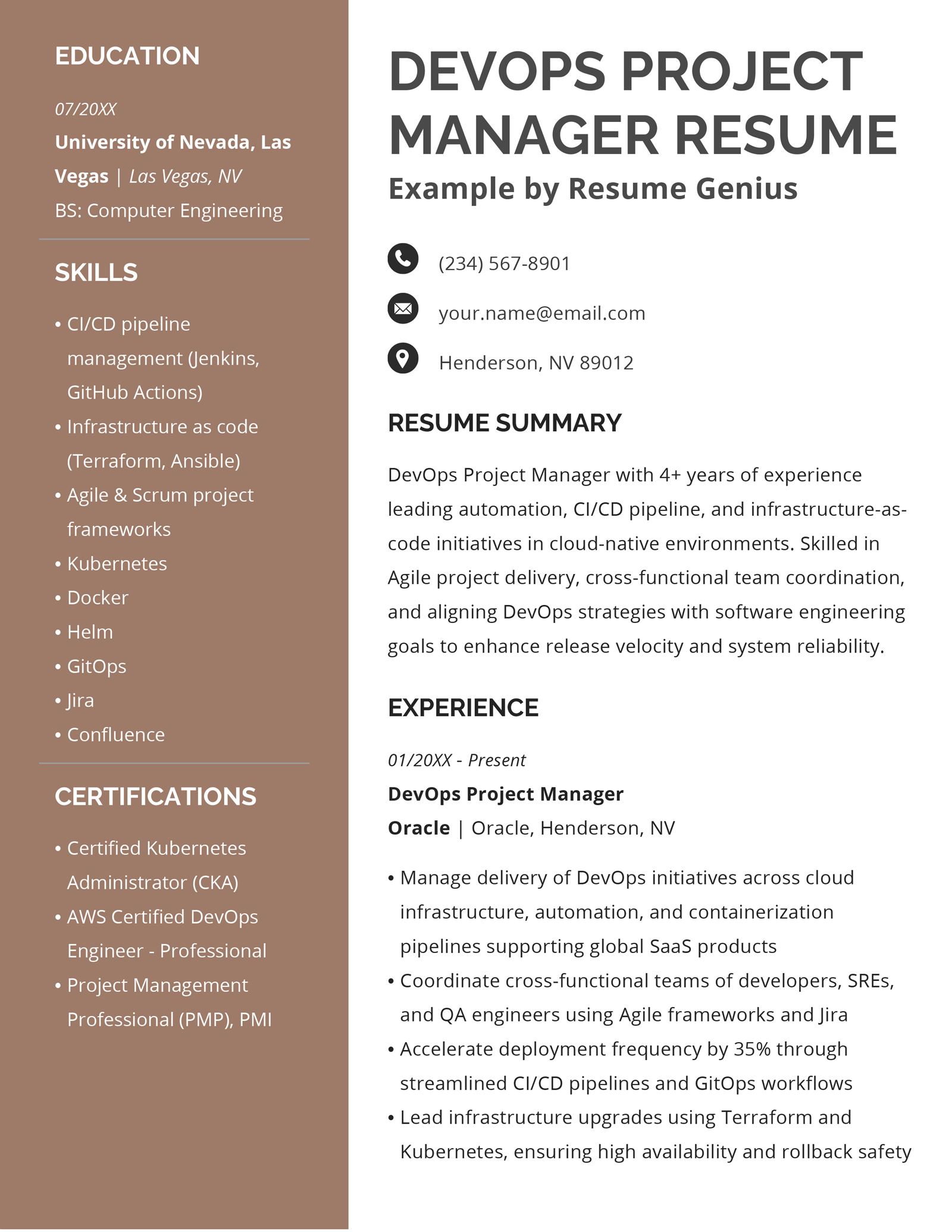 A devops project manager resume example.