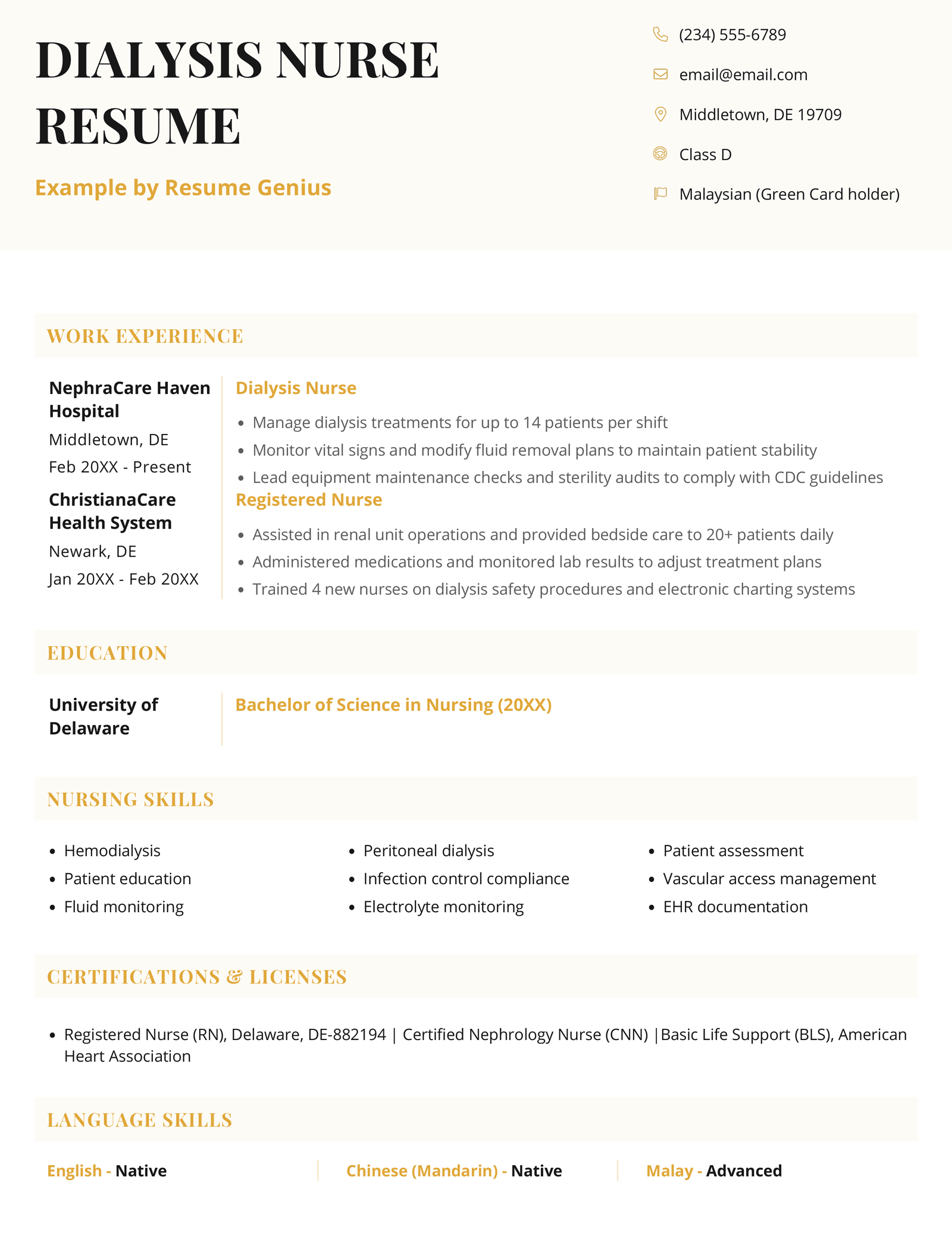 A dialysis nurse resume example.