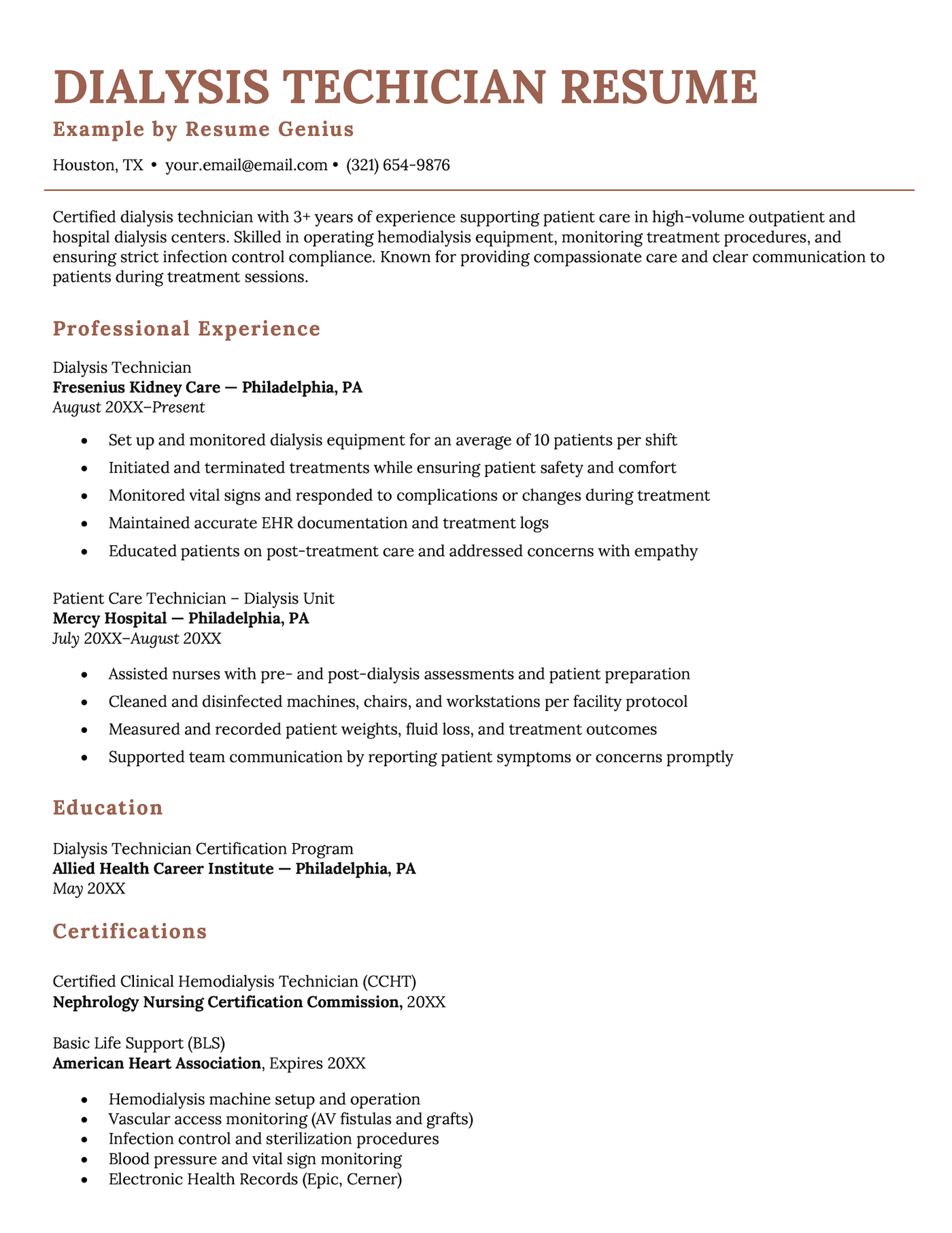 A resume example for a dialysis technician.