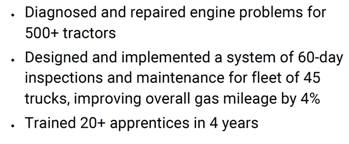 An example of three statements showing hard numbers on a diesel mechanic resume 