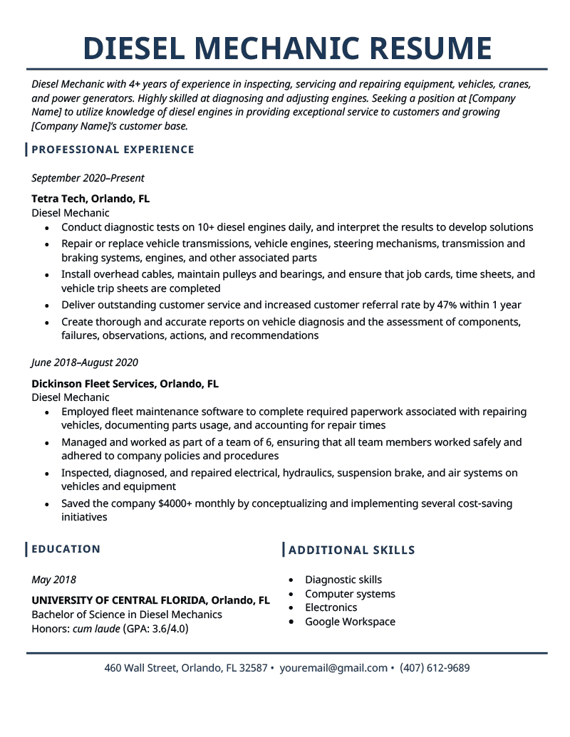 A diesel mechanic resume sample on a template with dark blue font for the resume header and for each header title