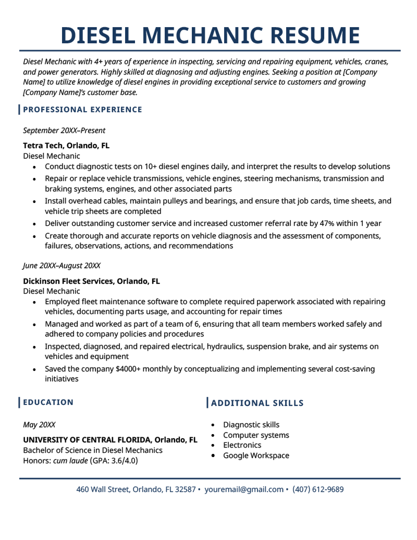 sample resume auto mechanic