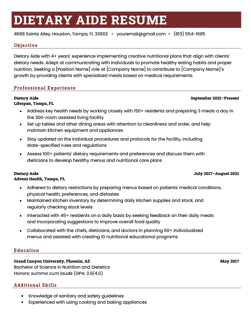 A dietary aide resume sample with a red and white resume header, an objective, as well as professional experience, education and additional skills sections