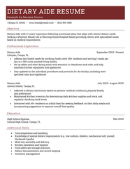 Dietary Aide Resume Sample Writing Guide