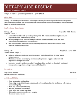 A dietary aide resume sample with a red and white resume header, an objective, as well as professional experience, education and additional skills sections