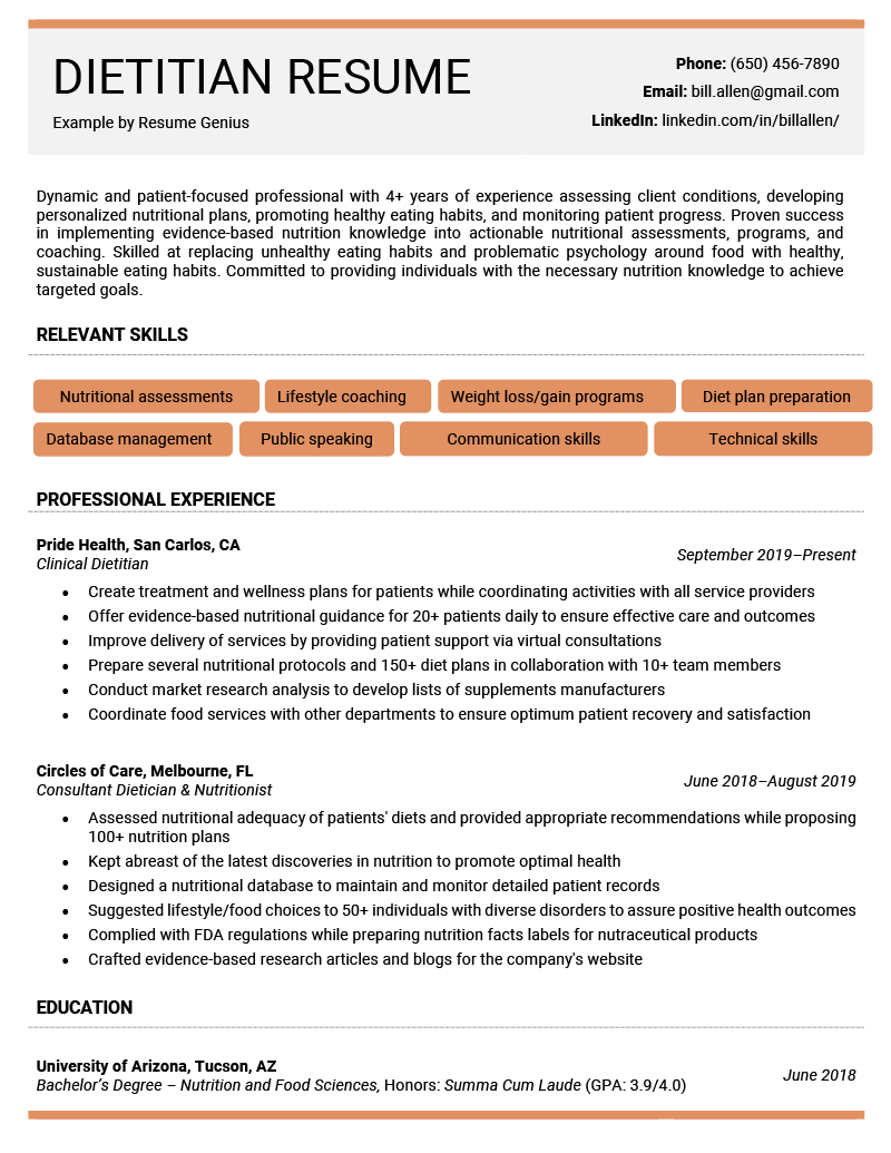 A dietitian resume example with orange highlights and skills bubbles to make the applicant's relevant skills stand out