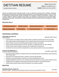 A dietitian resume example with orange highlights and skills bubbles to make the applicant's relevant skills stand out