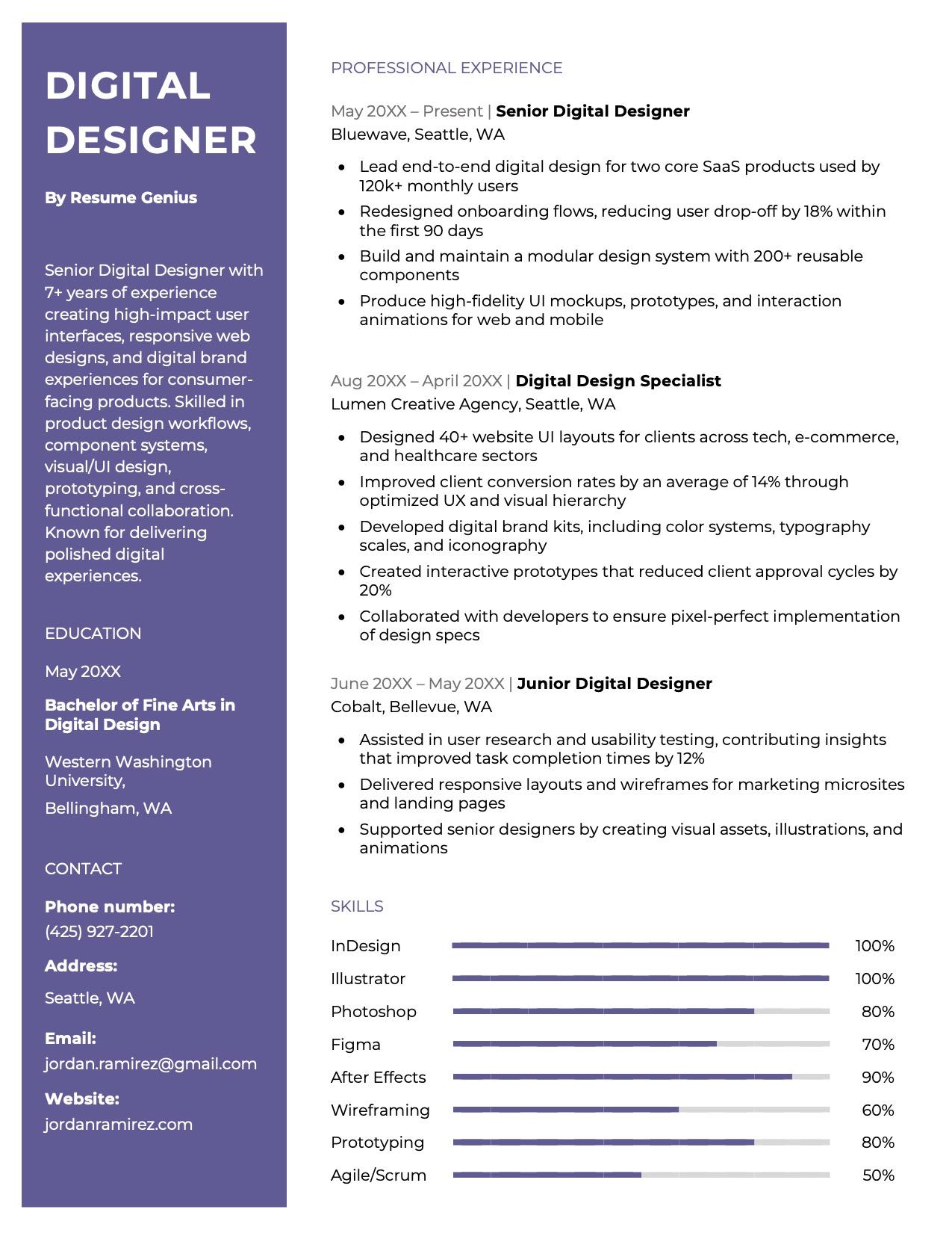 An example of a digital designer resume on a template with a purple column on the left highlighting the applicant