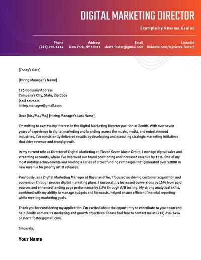 A digital marketing director cover letter using a template with a colorful header.