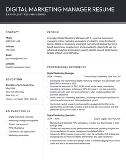 A resume example for a digital marketing manager.