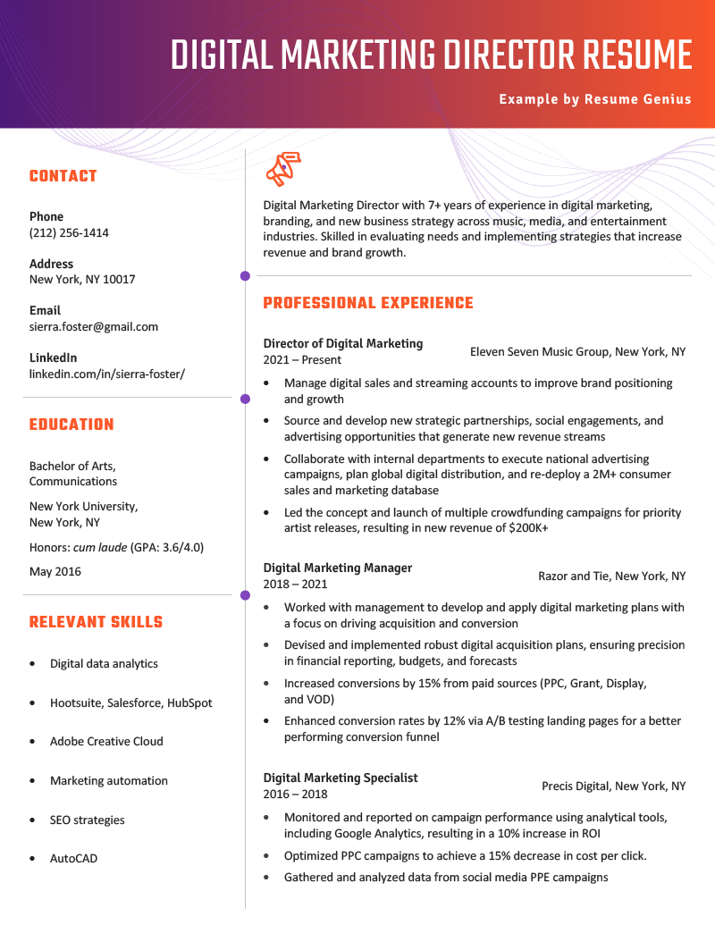 A digital marketing director resume using a template with a colorful resume header with a purple-to-orange gradient.