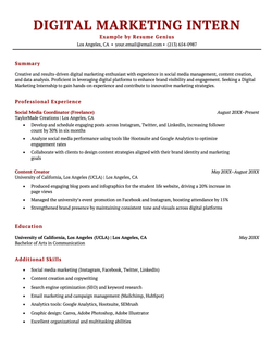 Example resume for a digital marketing internship