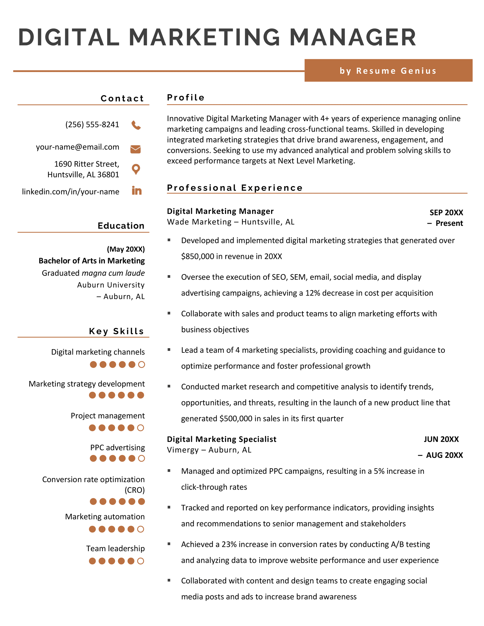 A digital marketing manager resume example using an orange template.