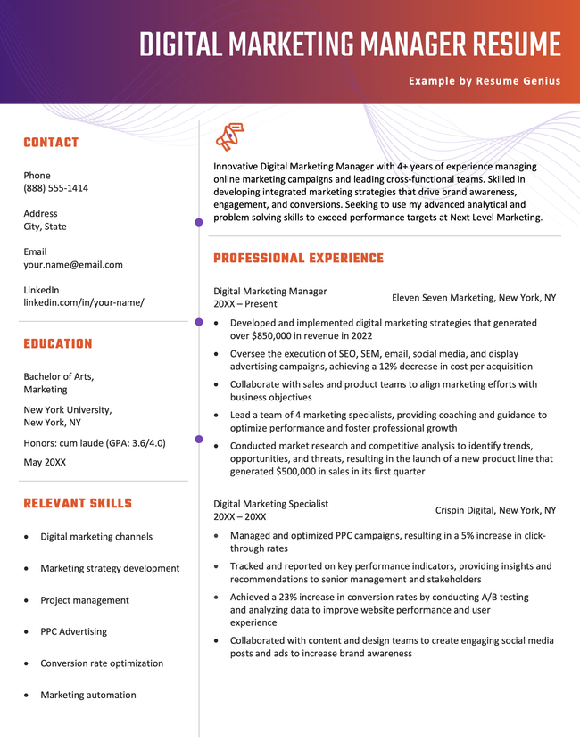 A digital marketing manager resume example using an orange template.