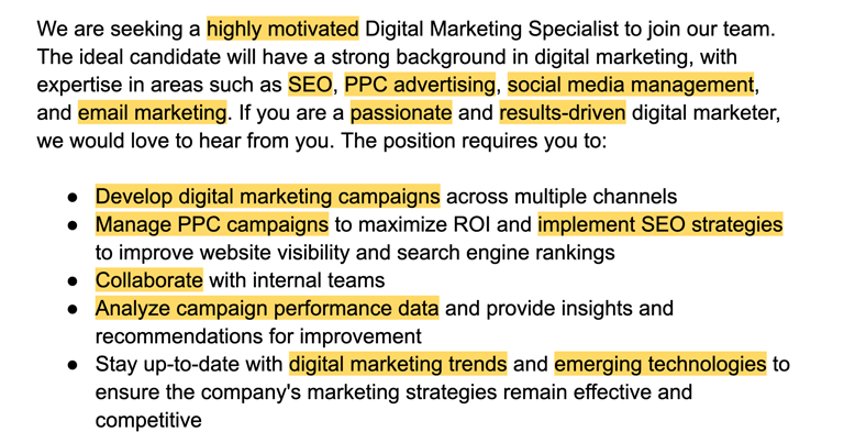  A screenshot showing digital marketing resume keywords on a job ad highlighted in yellow.