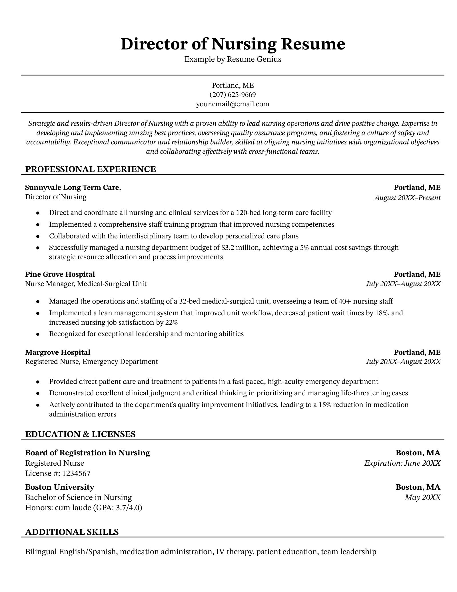 An example resume for a director of nursing.