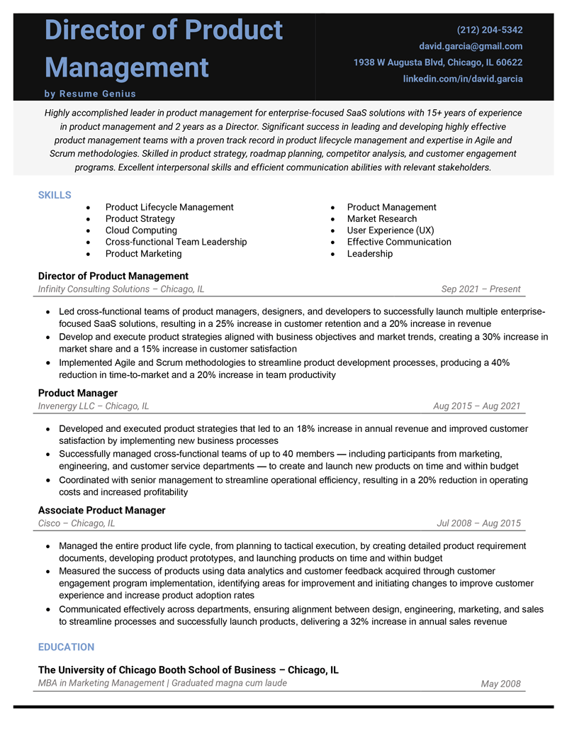 an example of a product management director's resume