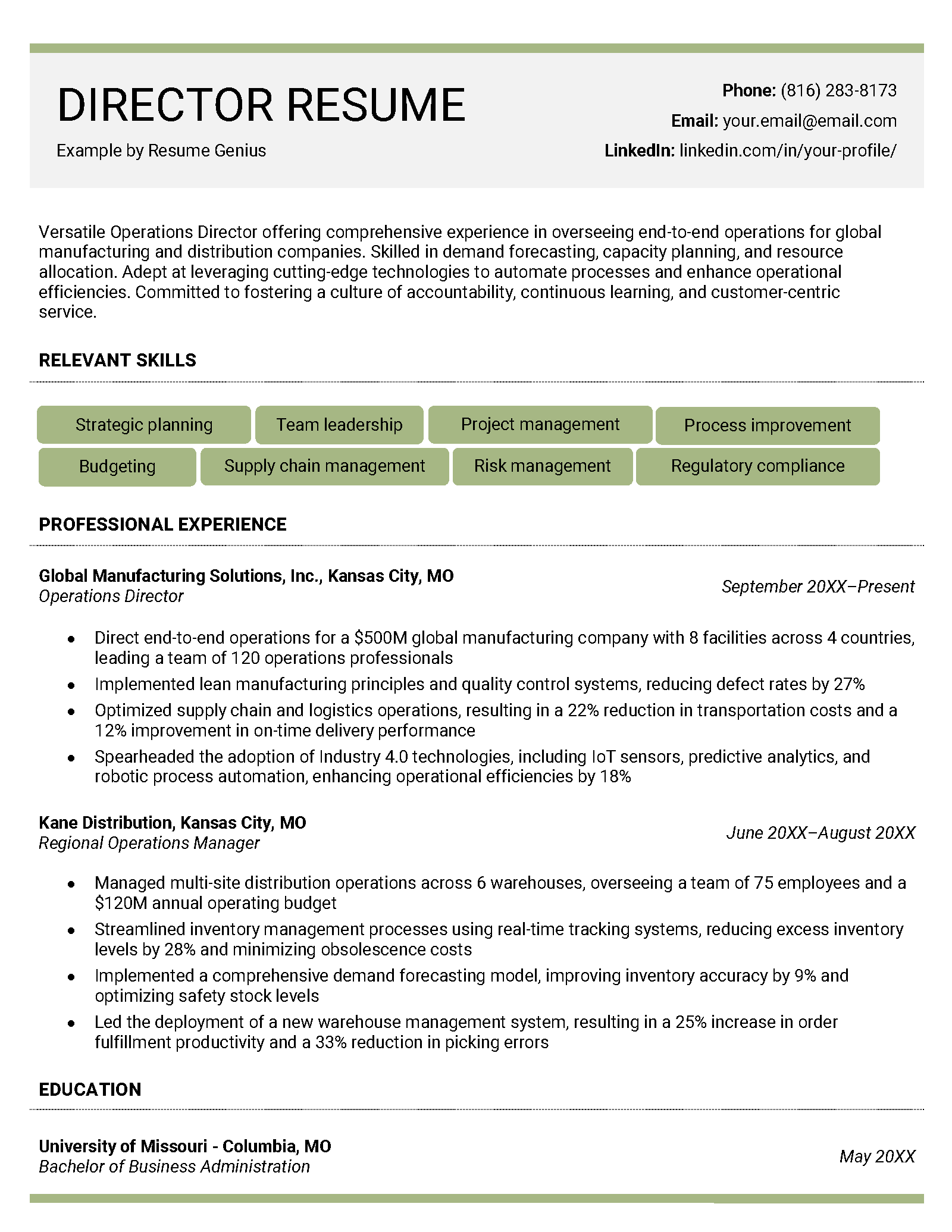 An example resume for an operations director.