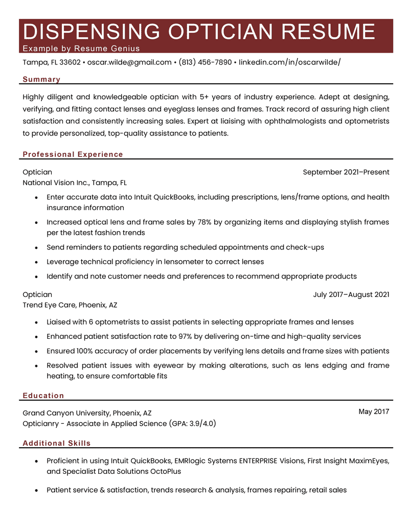 A deep red–accented dispensing optician resume with the applicant's contact information, summary, two work experiences, education, and additional skills