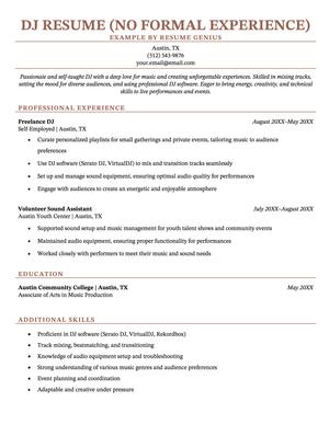 An example of a resume for a DJ with no formal experience.