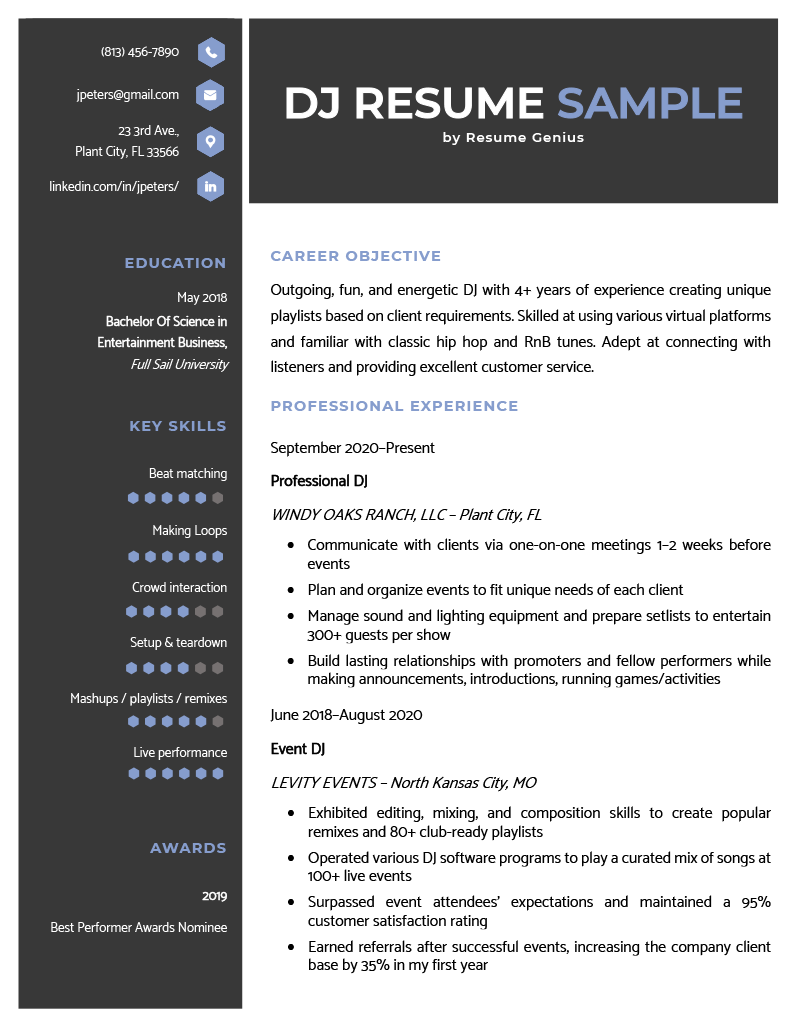 A DJ resume sample with blue header text and icons; the applicant's contact information, education, skills, and awards in a sidebar on the left; and the career objective and work experience on the middle-right