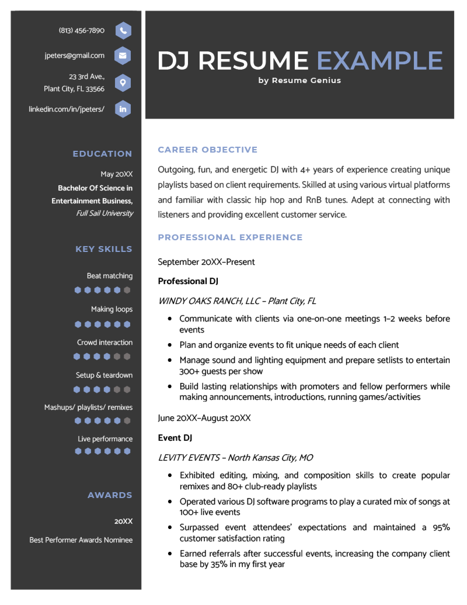A DJ resume sample with blue header text and icons; the applicant