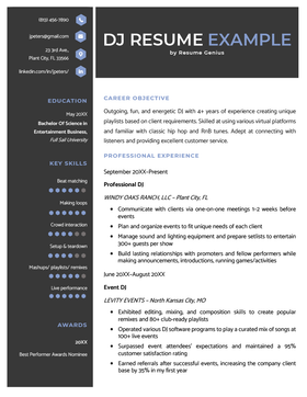 A DJ resume sample with blue header text and icons; the applicant's contact information, education, skills, and awards in a sidebar on the left; and the career objective and work experience on the middle-right