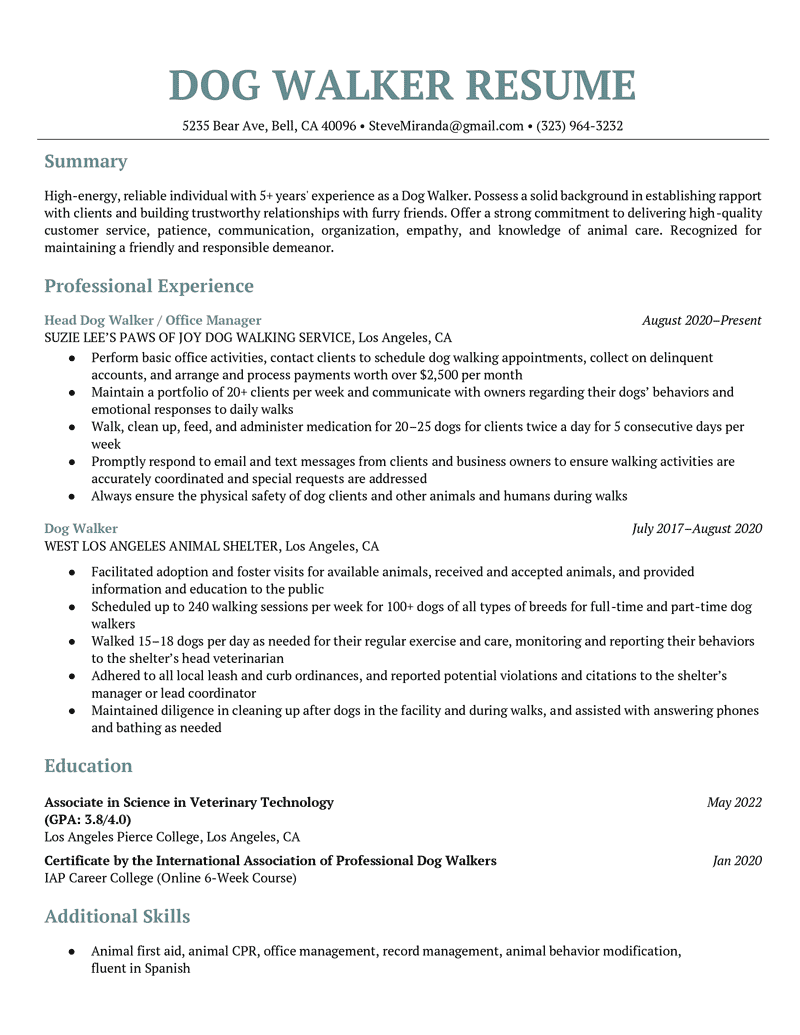 A turquoise-accented dog walker resume with the applicant's resume summary, two job titles, education, and additional skills